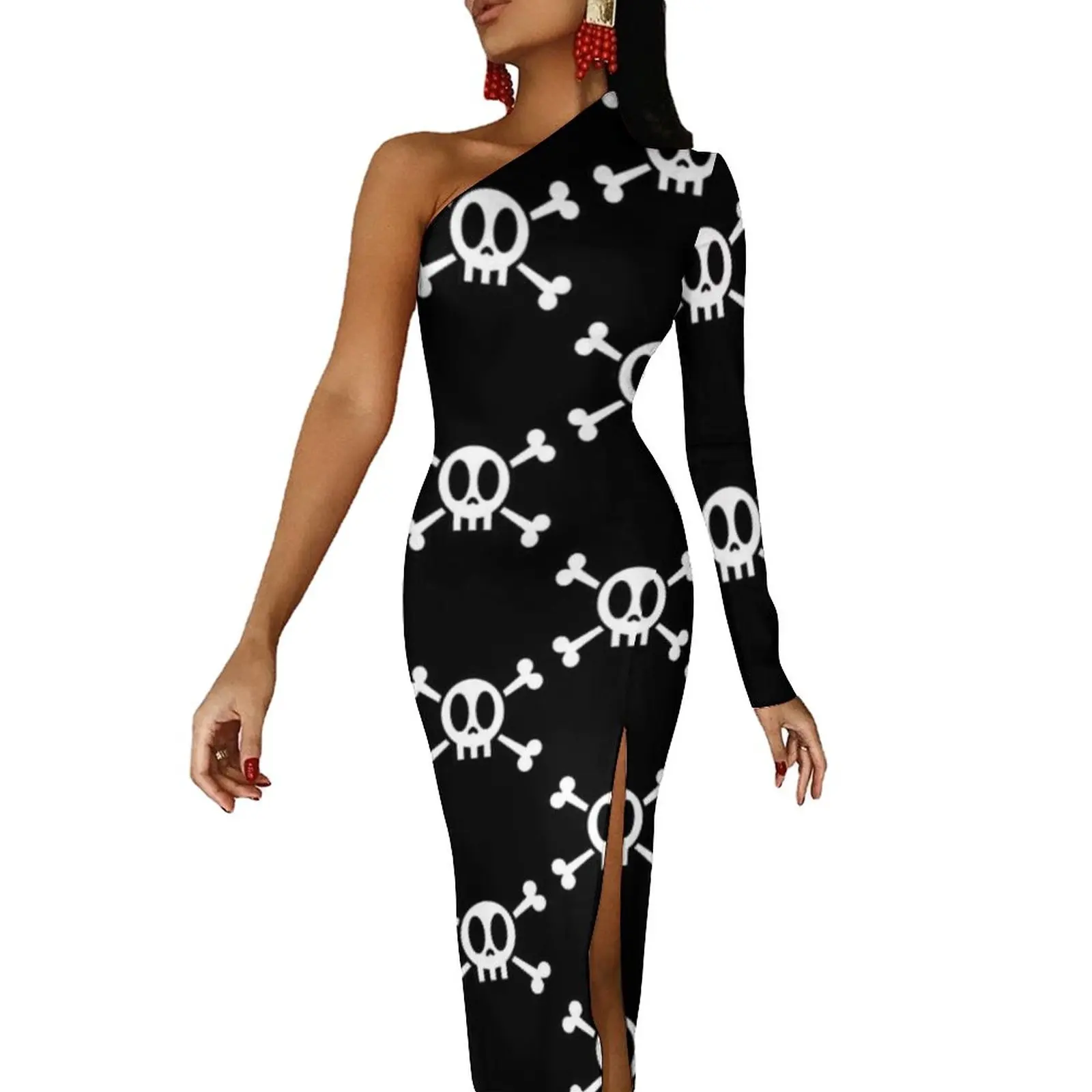 Kawaii Skeleton Long Dress Woman Skull and Crossbones Street Style Maxi Dress Pretty Bodycon Dresses Side Split Pattern Vestido