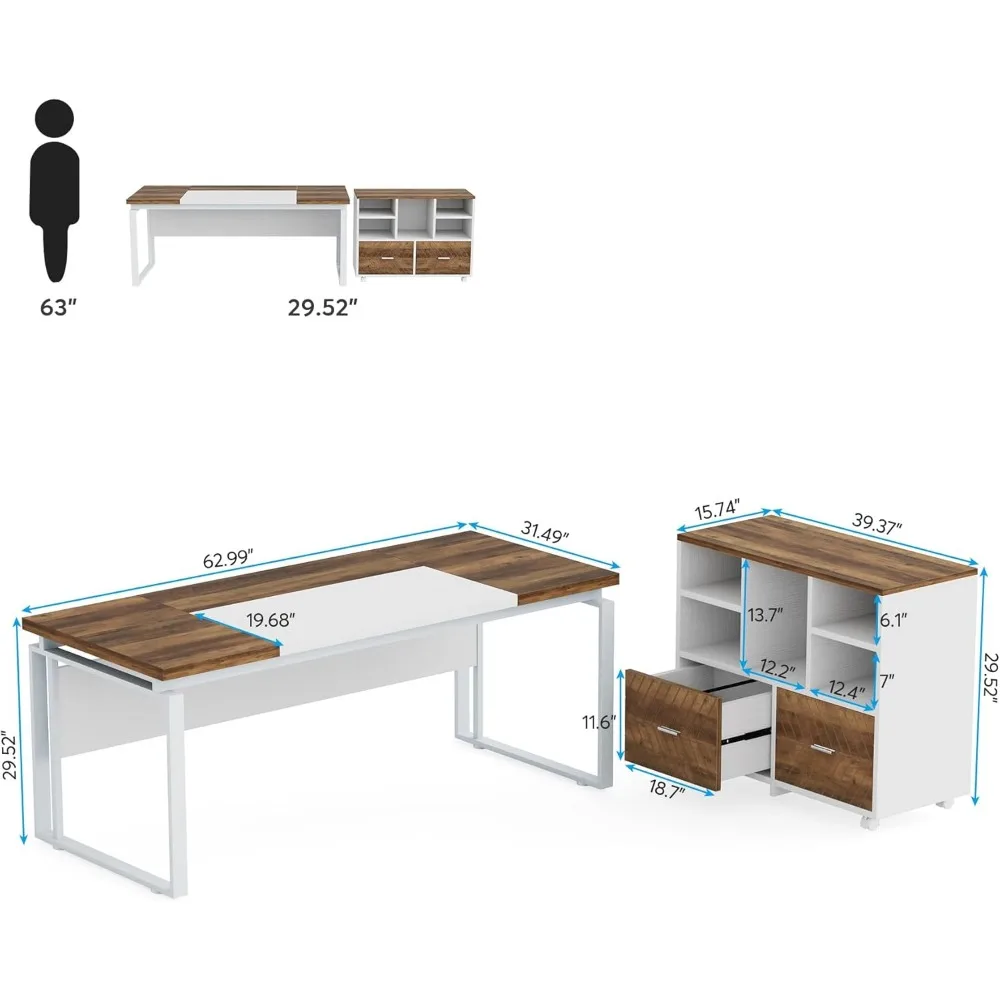 L-Vormig Bureau Met Lades, 63 "Bureau Met Dossierkast, Computerbureau Met Ladekast (Eiken & Wit)