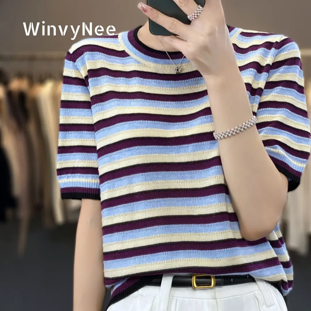 

Женский модный повседневный топ WinvyNee на весну, цвет чернично-фиолетовый, с коротким рукавом, круглым вырезом, облегающий, мягкий, стильный, вязаный, ZA1047048