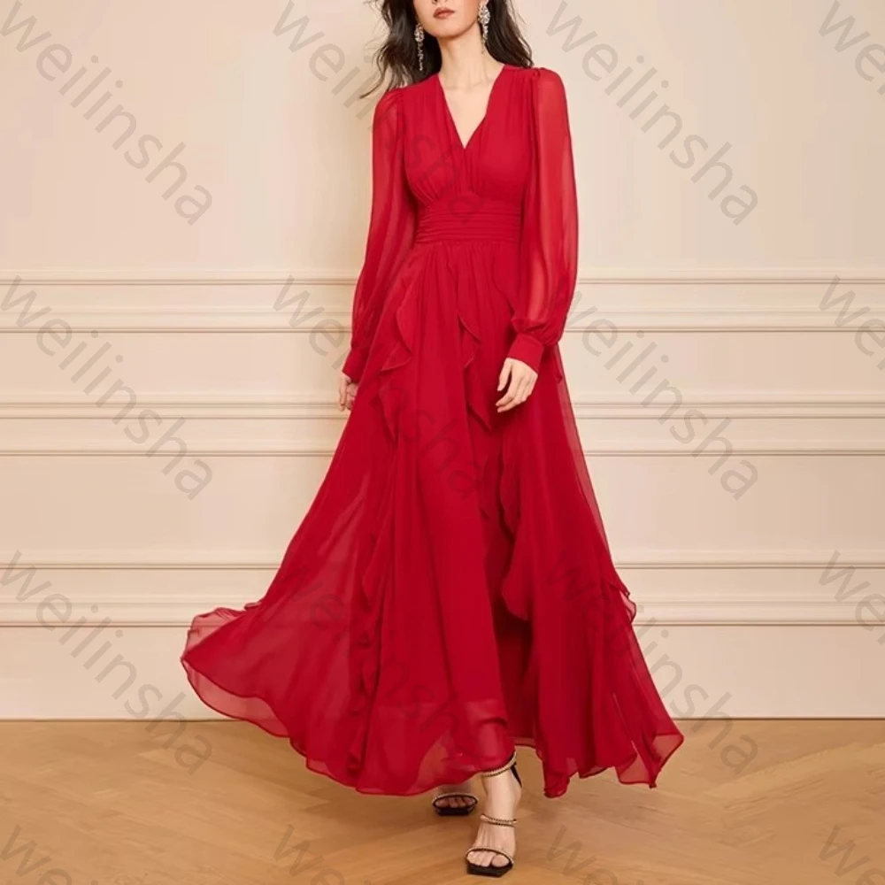

Red Chiffon V-Neck Long Sleeve Pleat Evening Dresses Elegant Celebrity Dress Exquisite High Quality Prom Party Gown Customized