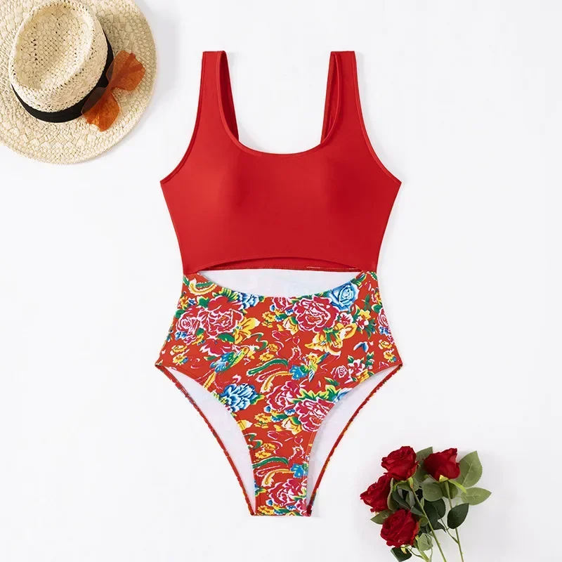 New 2024 European and American Bikini Bikini One-piece Retro Northeast Big Flower Slimming Swimsuit