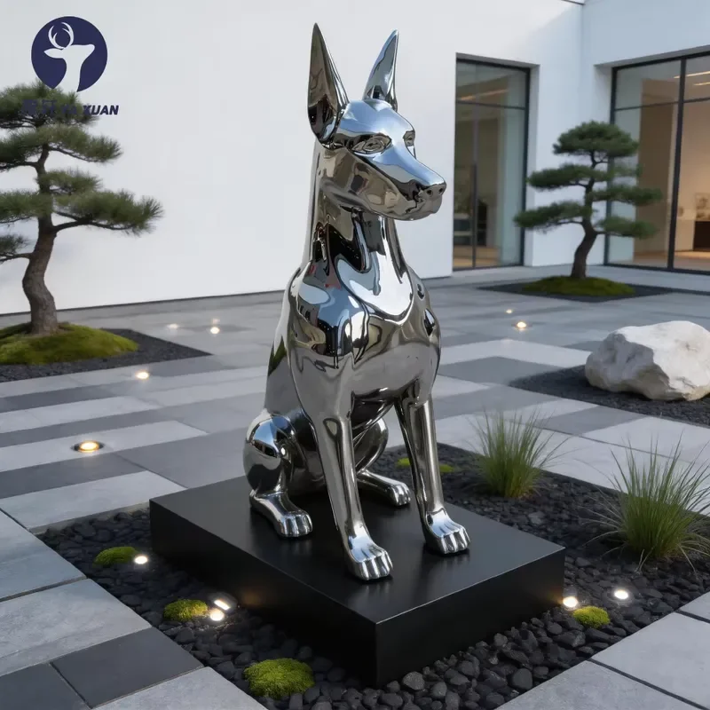 Large Outdoor Modern Life Size Mirror Polished 304 316 Stainless Steel Doberman Pinscher Sculpture Villa Garden Art Decor