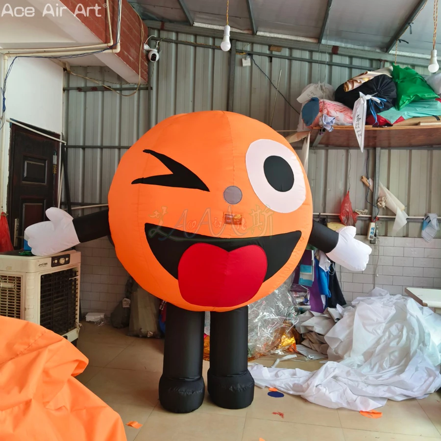 

Оранжево-желтый очаровательный костюм талисмана с выражением, наклеиваемый язык и мягкий надувной прогулочный мультфильм «Сделайте событие»