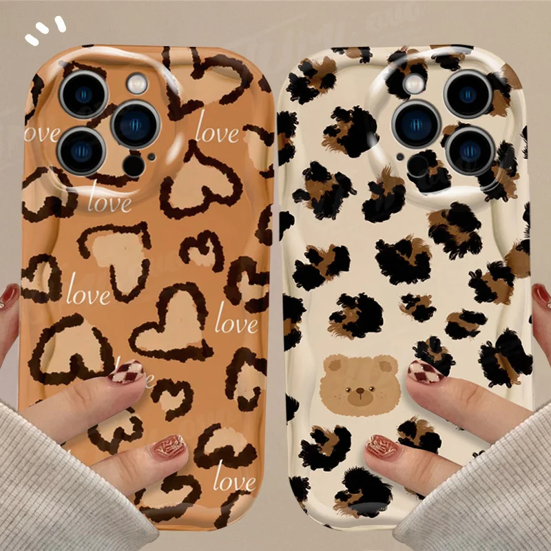 Love Heart Leopard Print 3D Wave Case For iPhone 15 14 13 12 11 Pro Max X XR XS 8 7 6 6S Plus SE 2020 Shockproof Silicone Cover