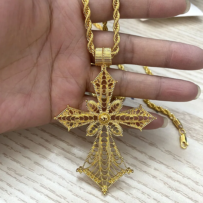 Ethiopian Cross Pendant  for Women Men with 80cm Twisted Chain African Wedding Party Gold Color Ethiopian Eritrea Jewelry Gift