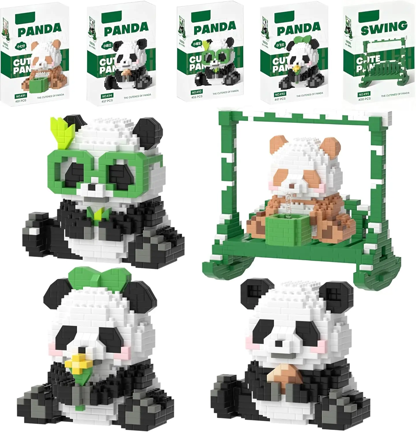 

Mini Building Block Sets, Cute Panda Building Blocks in 4 Style & 1 Swing Building Toy for Kids Teens Adult 3D Animal Blocks Toy