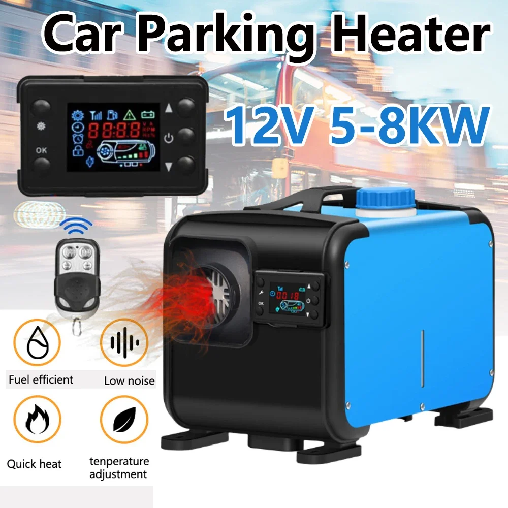 12V Car Heater 5-8KW All in One Unit Universal Car Heating Tool Diesel Air Heater Single Hole LCD Display Monitor Parking Warmer