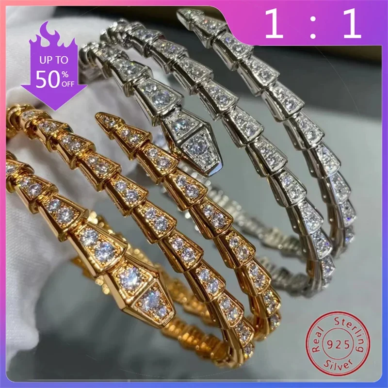 1:1 Selling Western S925 Silver Custom Simple Snake Bone Bracelet Luxury Party Personality Shining Couple Jewelry