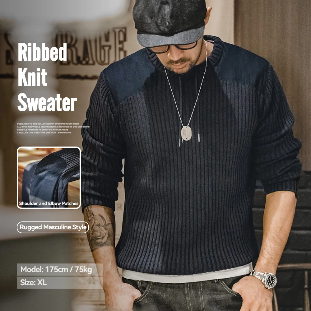 

Свитер Maden в вертикальную полоску с круглым вырезом, облегающий мужской вязаный пуловер в стиле ретро с нашивками, классические свитера, мужская одежда