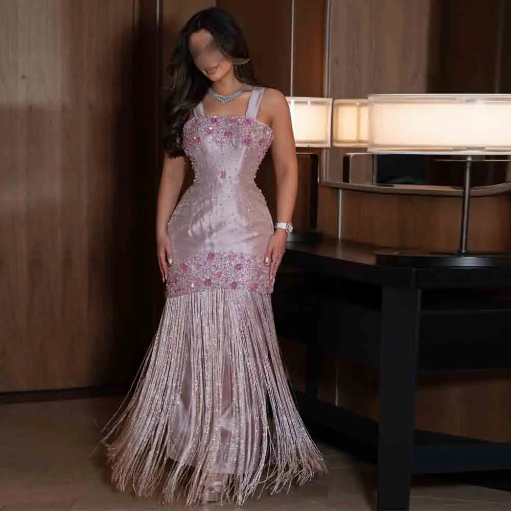 Maßgeschneidertes Quasten-Abendkleid 2026 3D Blumen-Perlen Meerjungfrau Formelles Partykleid für Damen Spaghetti-Träger Rosa Ballkleider