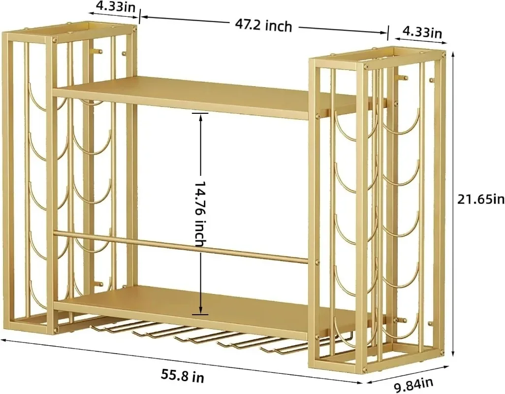 رف النبيذ المثبت على الحائط، أرفف الخمور العائمة المعلقة مع حامل زجاجي، حامل زجاجة معدنية رف عرض تخزين النبيذ fo