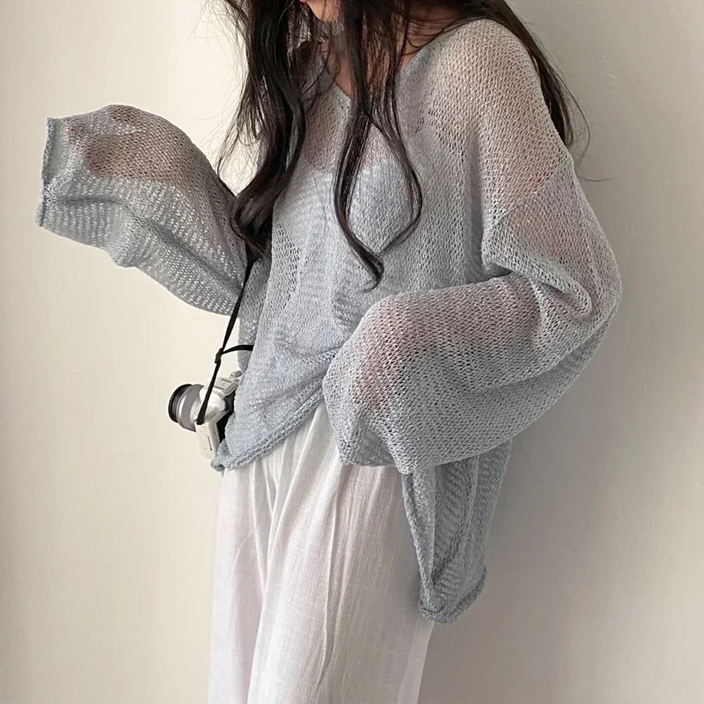 

Loose Fit Women Korean Style Sweater Apricot Casual Loose Fit Sun Shirt Hollow Knitted Sweater Polyester Fabric