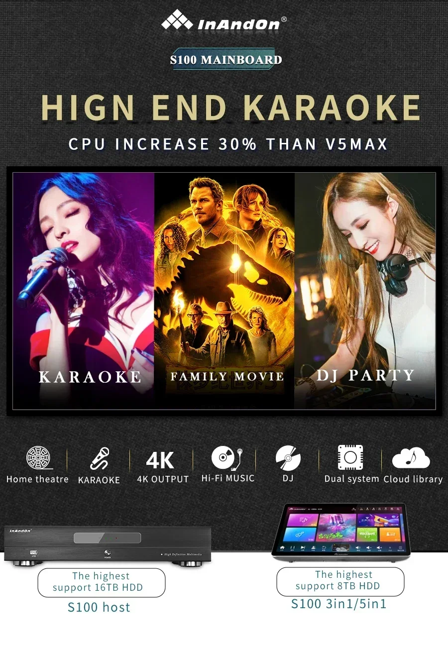 InAndOn 2022 Latest S100 System 4T 4K Movies Output Karaoke Player Hot Selling Karaoke System Karaoke Machine