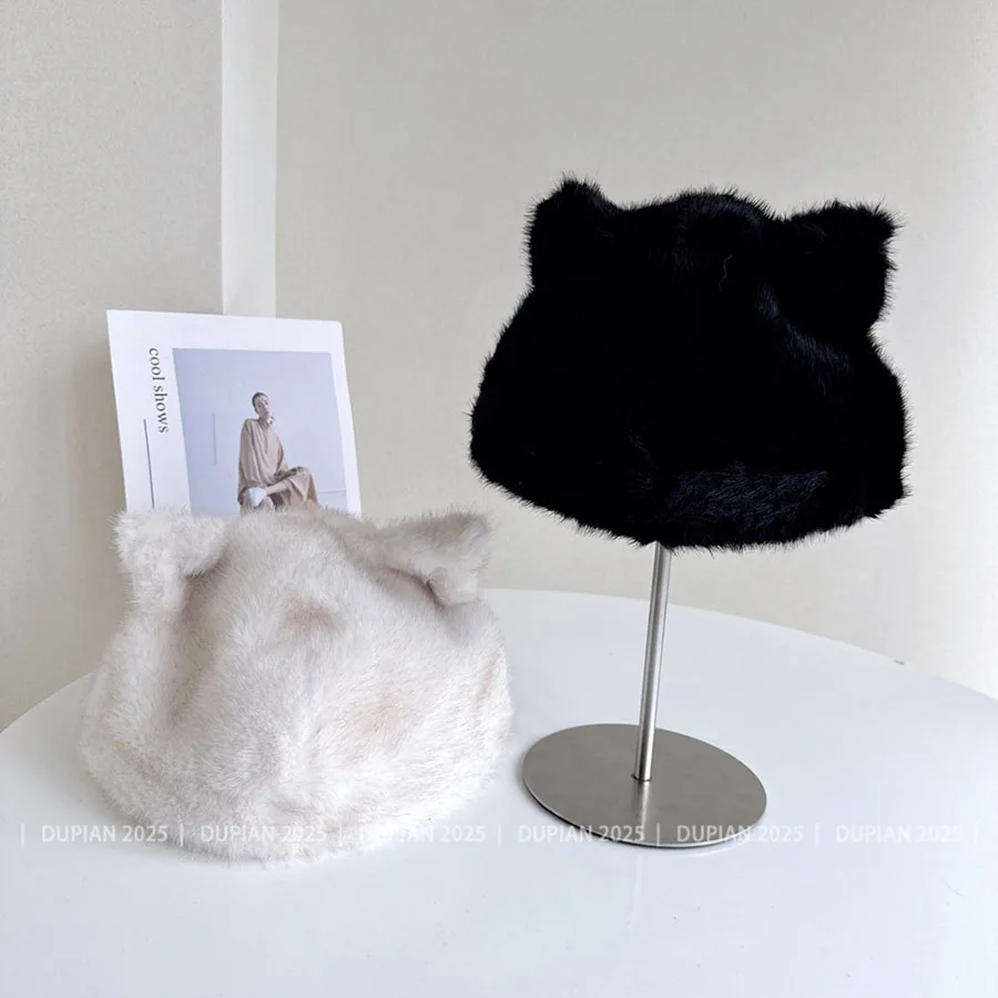 인기 스타 스타일 귀여운 고양이 귀 모양 인조 여우털 모자 여성 겨울 두꺼운 플리스 풀오버 캡 패션 비니 모자