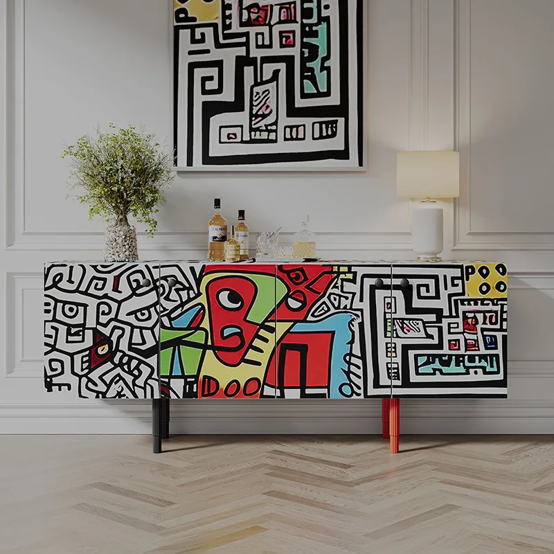 

French Chinese style painted dining side cabinet living room wall decoration entrance cabinet original design art graffiti TV