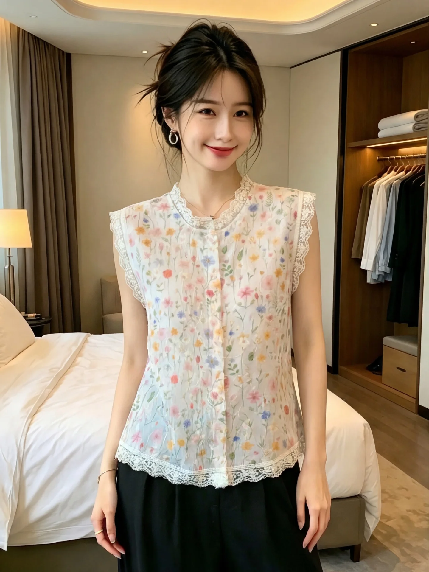 

Summer New Style Women's Short Sleeveless Shirt Floral Lace Trim Splice Single Button Vest Top Elegant Pinkish Beige Blouse
