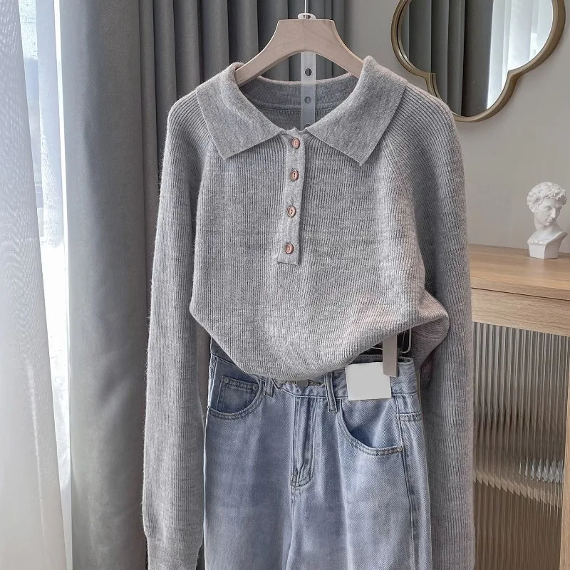 

Matakawa Women Sweaters Buttons Solid Turn Down Collar Autumn Winter Short Pullovers Korean Fashion Simple Retro Pull Femme