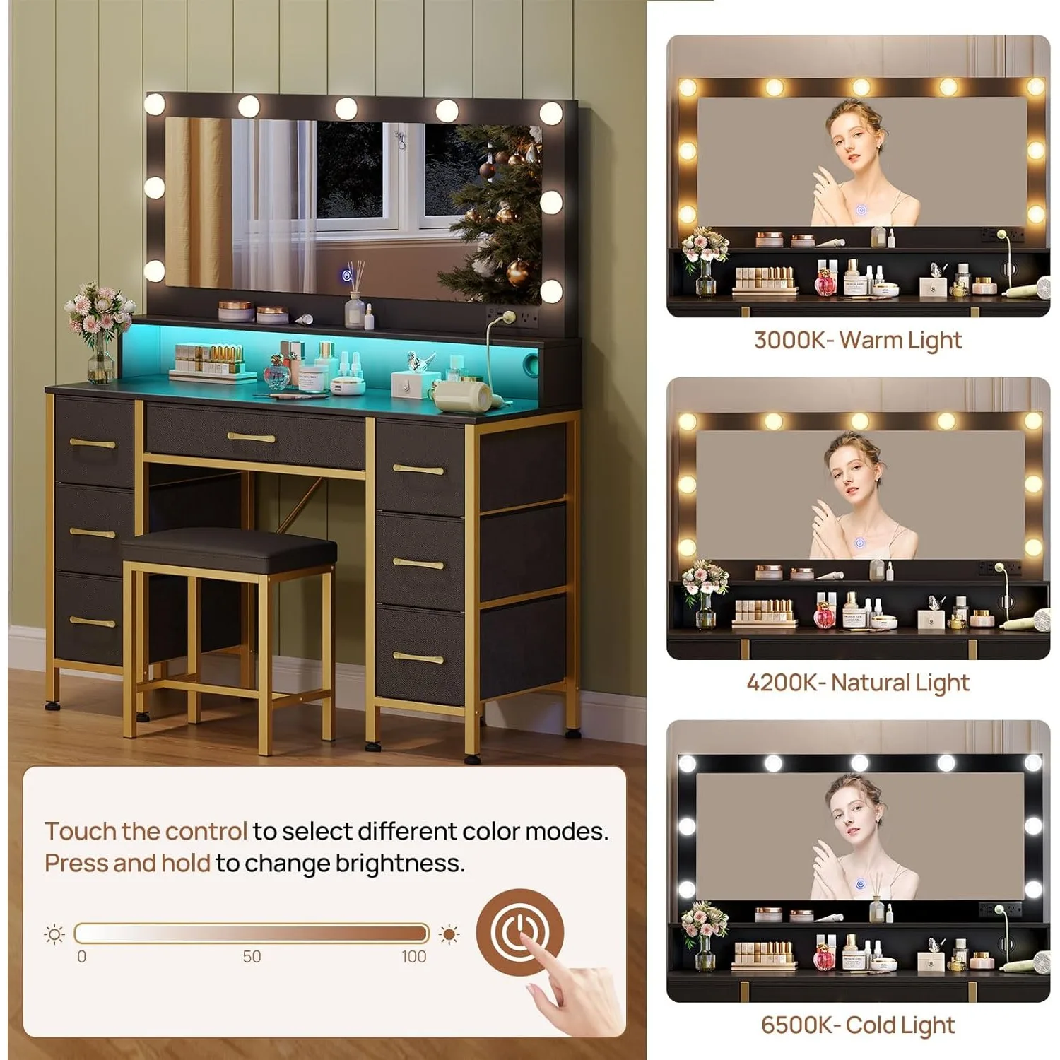 Vanity Desk with Mirror and Lights, Makeup Vanity with Upholstered Vanity Stool, 7 Drawers, 9 Dimmable LED Bulbs, Vanity Set image 2