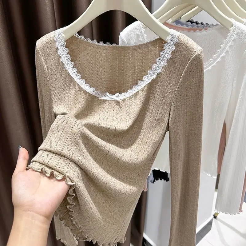 

plus Size Long Sve round Ne Lace Trim T-irt Women's Faion Sweet Spicy Sle Autumn Winter Home Daily Young Ladies' Top