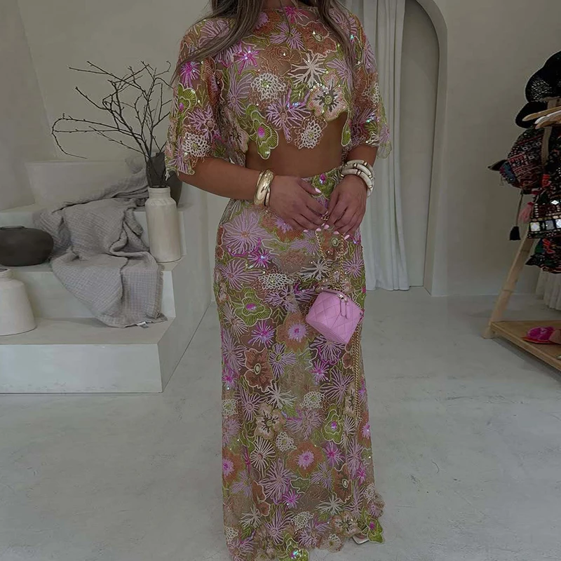 

Fashion Perspective Short Sleeved Party Women Set New 2025 Casual Long Skirt Outfit Jacquard Embroidery Exposed Navel Sexy Suit