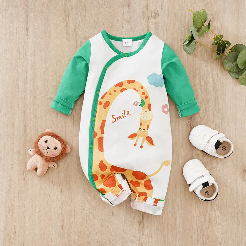 Spring And Autumn Boys And Girls Cute Cartoon Giraffe Printed Cotton Comfortable Long Sleeve Baby Bodysuit