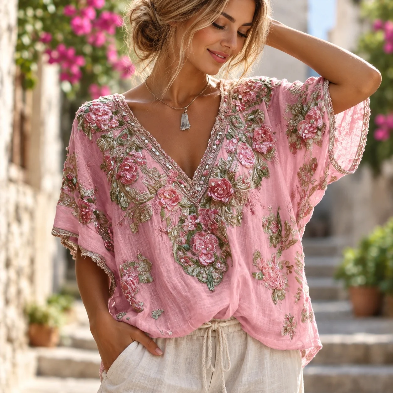 Printed Half Sleeve Blouse Regular Fit Streetwear with V Neck Summer Wear 3D Pattern Women Shirts European and American Style