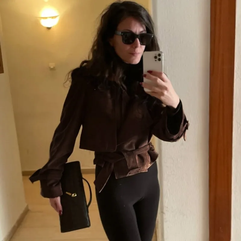 Tuularose Vintage Suède Jas Vrouwen Herfst Mode Nieuwe Solid Lace Up Slanke Jas Jas High Street Luxe Commuter Vrouwen Uitloper