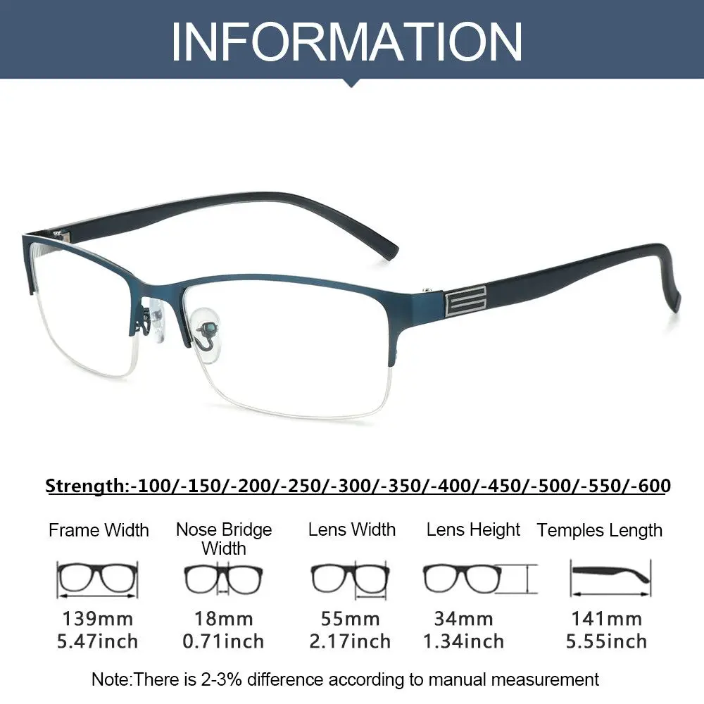 Half Square Frame Anti-blue Light Myopia Glasses Men Women Ultralight Metal Computer Myopic Optical Eyeglasses NearSight Eyewear