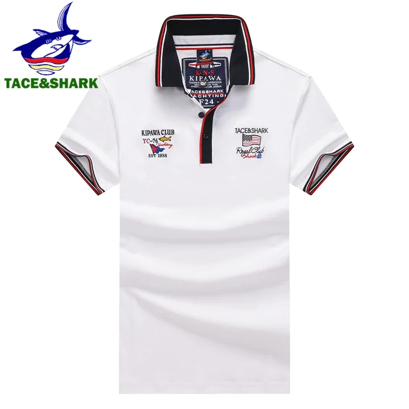 TACE&SHARK Casual Shark Flag Embroidery Short Sleeve Polo Shirts Fashion White Dark Blue Camisa Polo Homme Men Clothing Plus