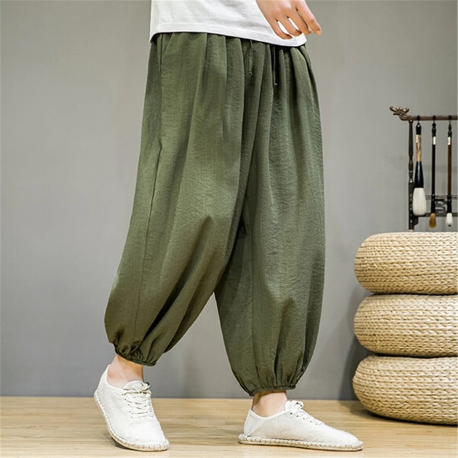 Large Size Harem Pants Mens Summer Ice Silk Casual Trousers Men Harajuku Vintage Baggy Elastic Waist Ankle Length Pants Male
