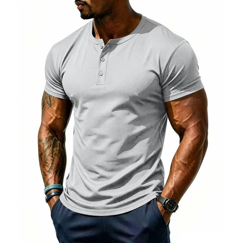 2026 Sommer Herren Einfarbiges Sport-Freizeit-Mesh-Henley-Kurzarmshirt, Modisches, Locker Sitzendes, Schnell Trocknendes Jogging-T-Shirt