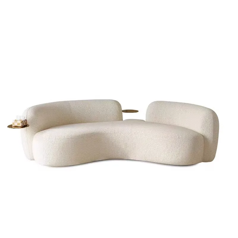 Curved fabric sofa, irregular cream style sofa with hardware tray, living room, bar, hotel, office