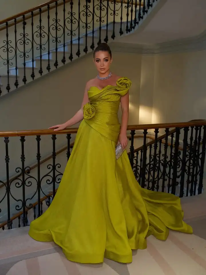customized Arabic Evening Dresses One Shoulder Bow Green Formal Women Prom Dresses Strapless Dubai Women Wedding Party Gowns