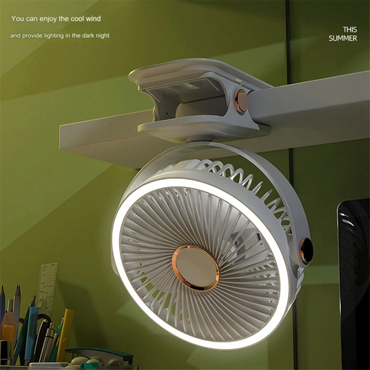 USB перезаряжаемый вентилятор для общежития, портативный мини-настольный вентилятор с зажимом, вращение на 360 градусов, регулируемый вентилятор со светодиодной подсветкой C