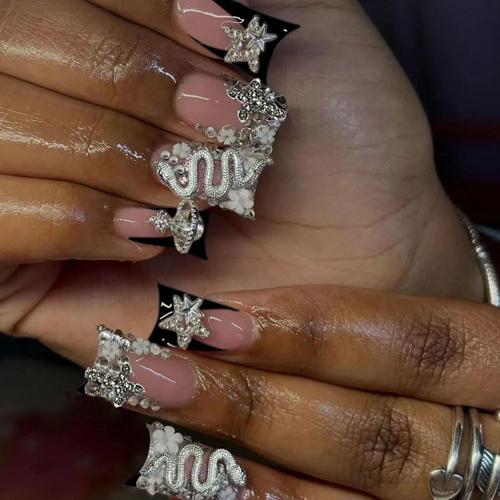 24 Uds. De uñas largas con punta de pato francés, joyería de estrella de aleación de diamante brillante, estampado de serpiente, ropa francesa negra, pat de uñas completamente cubiertas