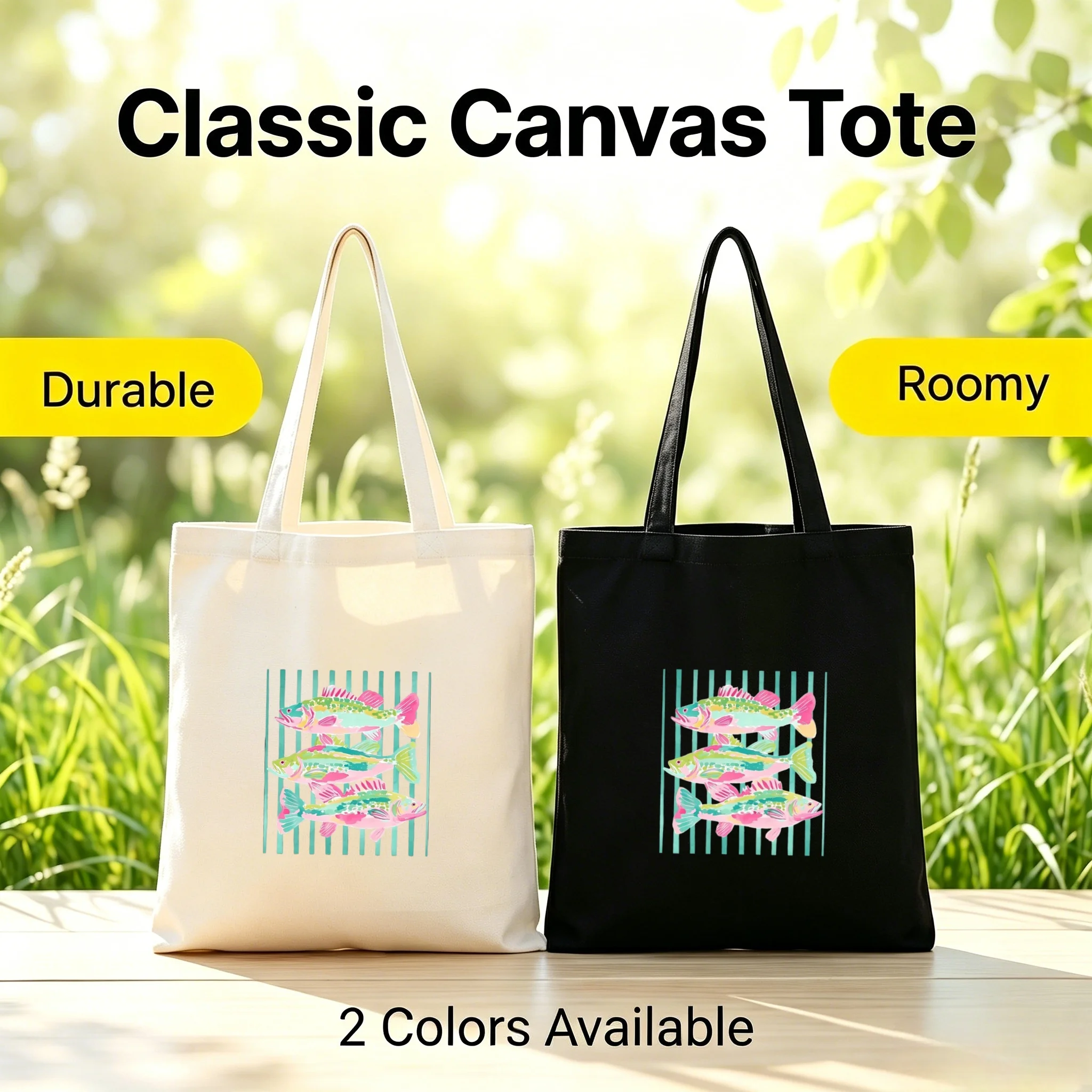 

1PC Preppy Colorful Bass Fish Green Stripes Print Canvas Tote Bag Reusable Beach Shoulder Shopping Bag Fishing Lover Gift