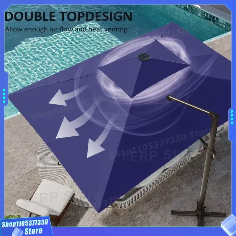 Modern Extra Large UV Protection Windproof Solar LED Patio Umbrella Outdoor Parasol Deck Double Top Square Purple Crank