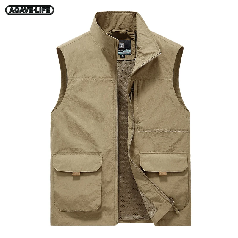 

Men's Stand Collar Vests Solid Color Tooling Waistcoats Men Multi-pocket Loose Fishing Cardigan Zipper Four Season Leisure Tops