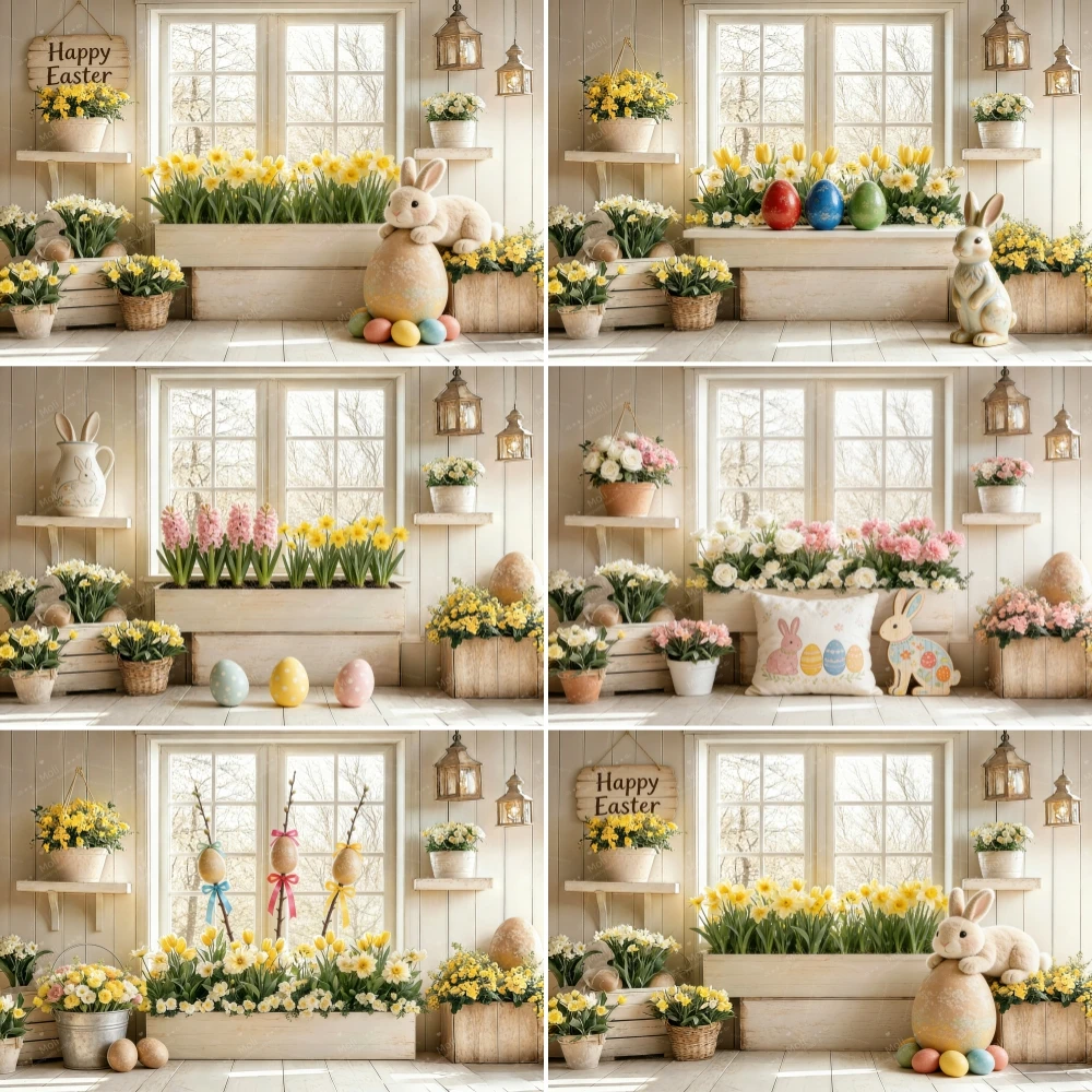 

Easter Background Spring Window Wooden House Rabbit Easter Eggs Flowers Kids Birthday Party Decor Portrait Photography Backdrop