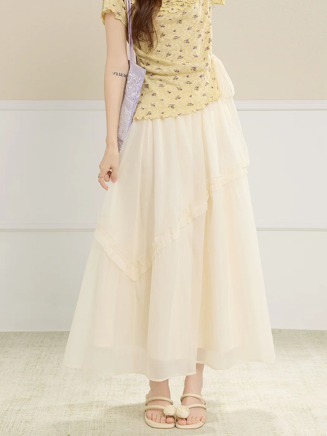 

Yellow Asymmetrical Hem Midi Skirt Women's High Waist Gentle Style Half-length Skirts Summer Fashion Elegant Draped A-line Skirt