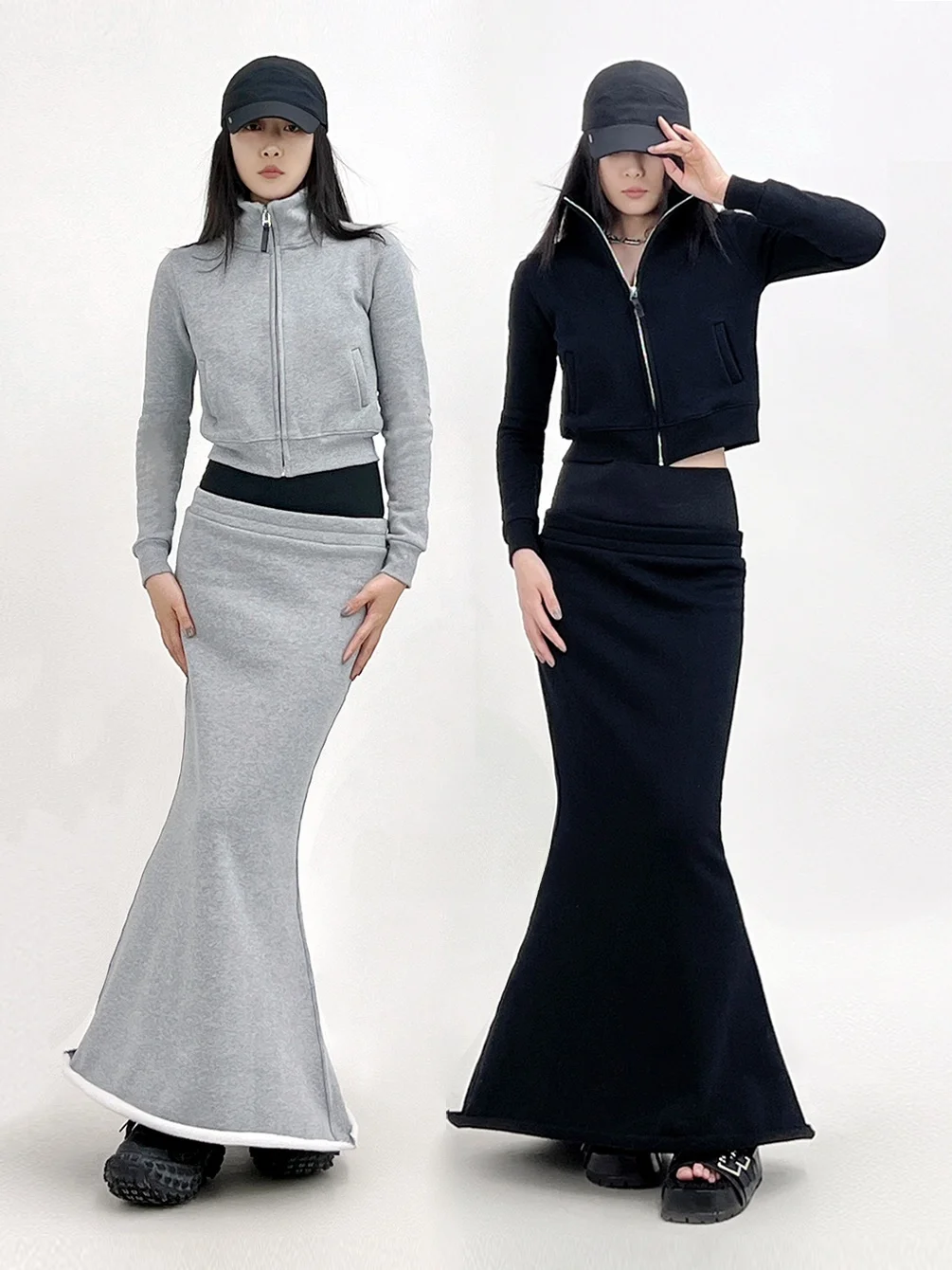 

SUN90 American Sle ort Open Cardigan Jaet High Waist Bodycon Fi Tail Long Skirt Set Spring Autumn New Arrival