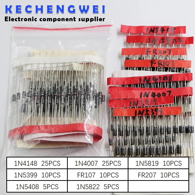 1N4148 1N4007 1N5819 1N5399 1N5408 1N5822 FR107 FR207,8values=100pcs,Electronic Components Package,Diode Assorted Kit