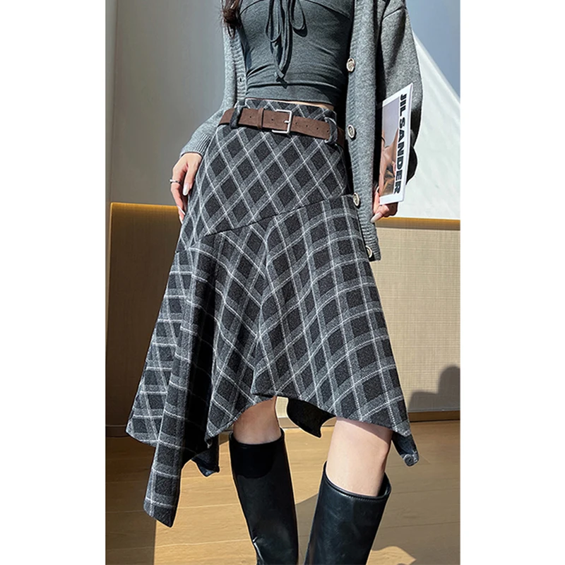 

Vintage Plaid Woolen Midi Skirt Women Y2K Harajuku Asymmetrical Skirts Autumn Winter Streetwear Korean High Waist Design Faldas