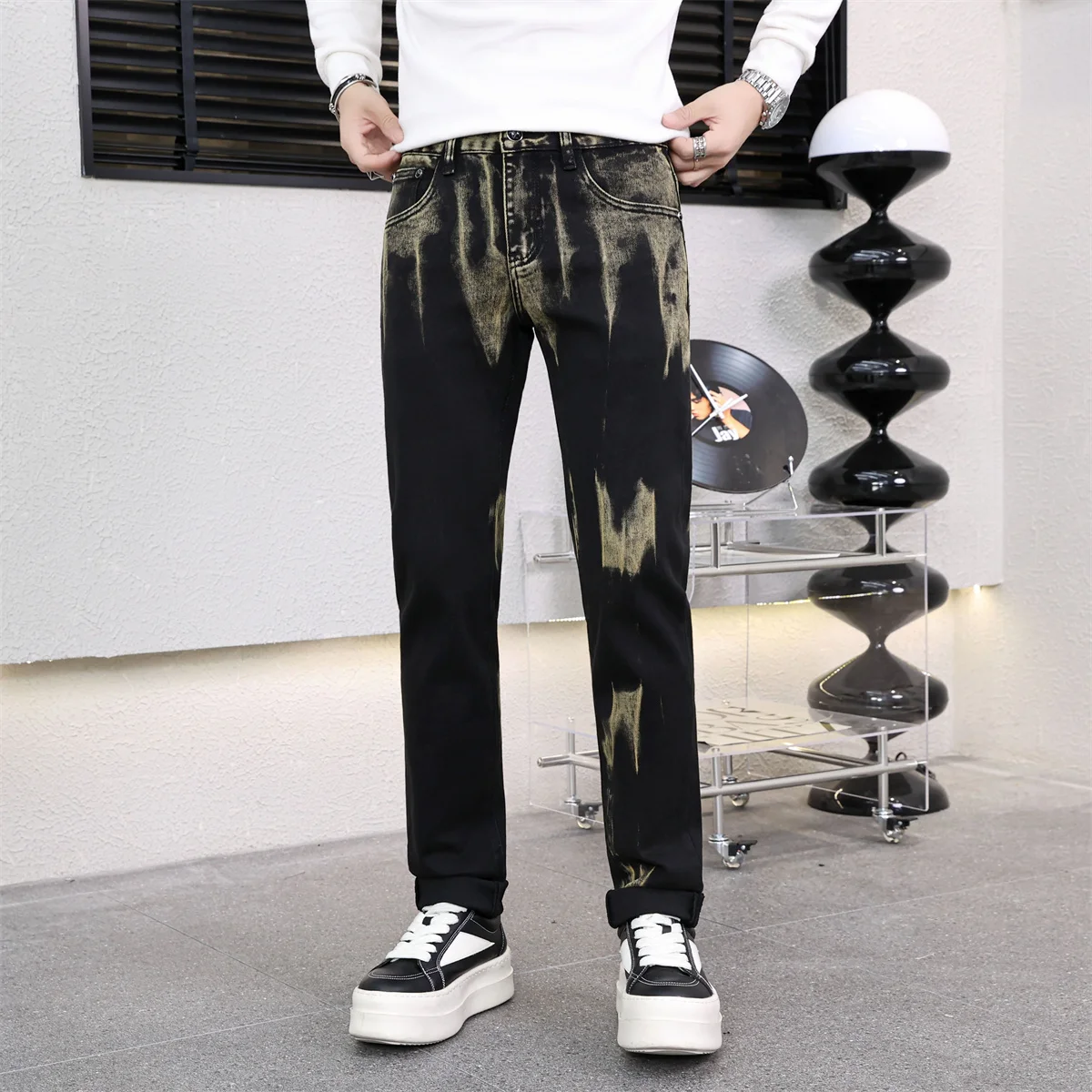 

High-End Men's Tie-Dye Jeans Casual Versatile Comfortable Cotton Stretch Denim Mid-Waist Zipper Closure Outdoor Casual Wear