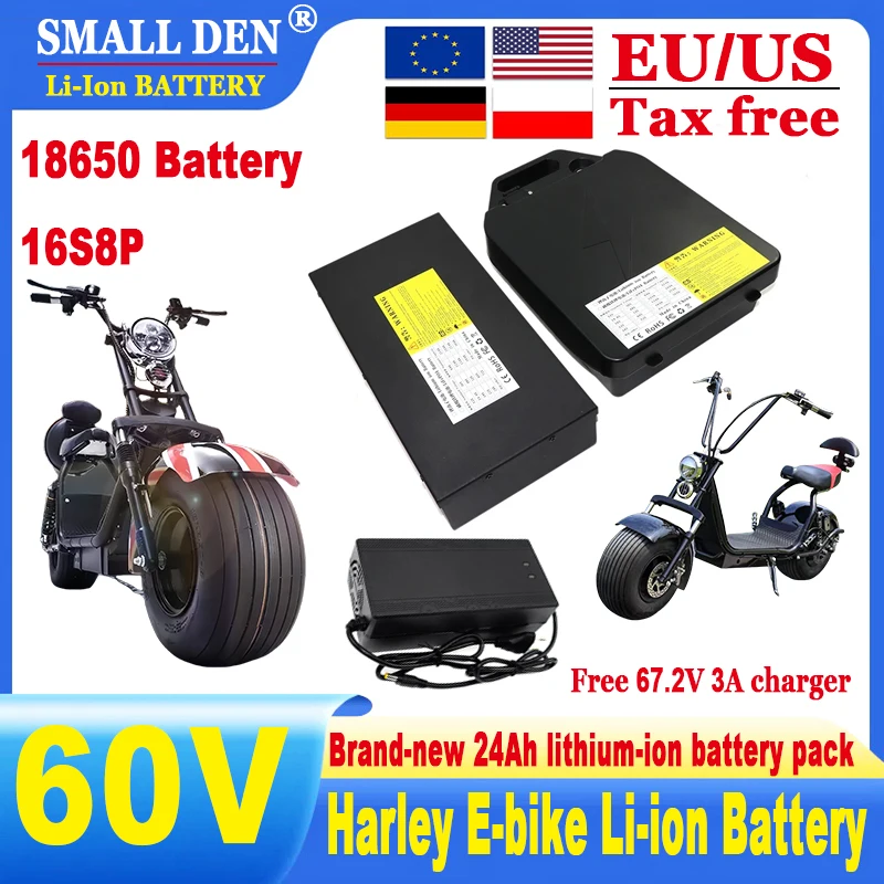 60V 24Ah 16S 18650 Harley Lithium Battery 30A BMS 2000W high-power waterproof Electric cars, scooters, bicycles+67.2V 3A charger