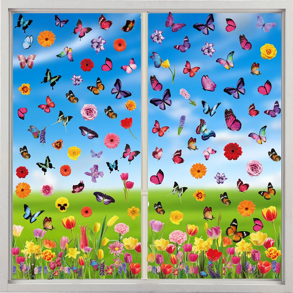 9 Sheets Window Clings Stickers Double-Sided Watercolor Tulip Butterfly Flower Static Window Decal For Window Decor