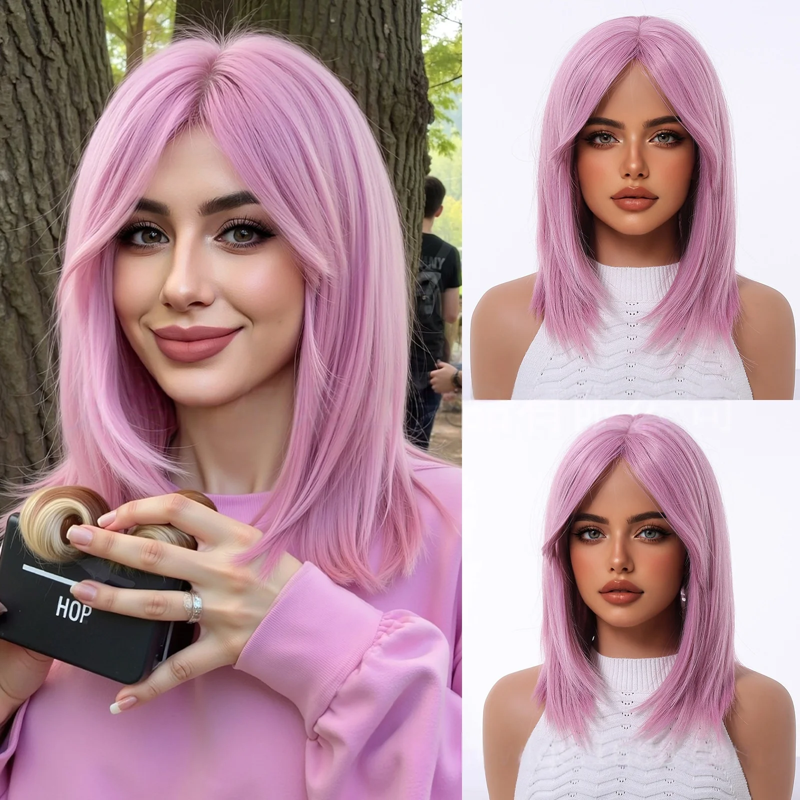 

Ashely Shoulder Length Pink Layered Synthetic Wigs for Women 14inch Short Straight Women's Wig with Curtain Bangs Heat Resistant