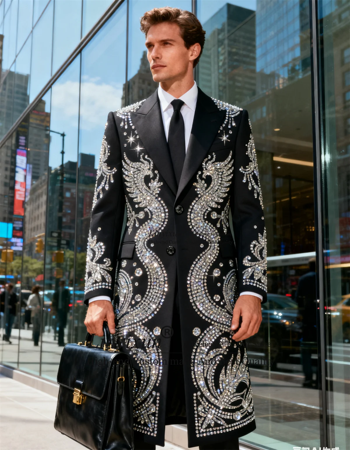 

Winter Long Coat Pants Style Men Suits 2 Pieces Sets Groom Male Blazers Customized Tuxedos Sparkly Rhinestone Diamond Ropa homre