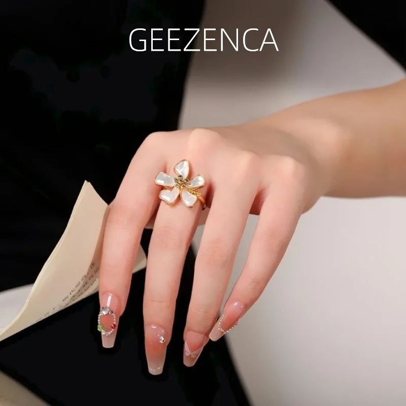 GEEZENCA 925 Silver White Mother of Pearl Flower Earrings And Ring For Women 18K Gold Zircon Boho Dainty Jewelry Sets Party Gift