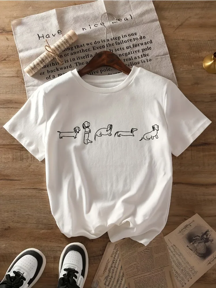 

Women's Casual Short-Sleeved Round Neck T-Shirt with Cute Dachshund Pattern Print Summer and Spring Top Dog-Themed T-Shirt